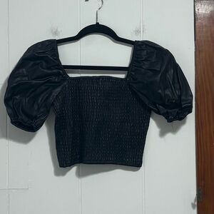 Vestique Black Puff Sleeve faux leather cropped smock Blouse medium